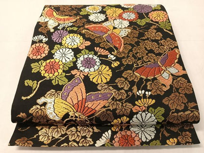 平和屋着物●六通柄袋帯　唐織　錦秋華園紋　黒地　金糸　正絹　逸品　CABJ0571vp