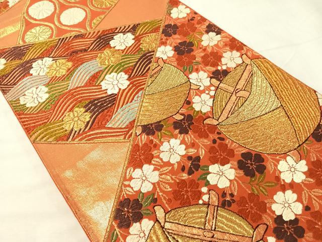平和屋着物●西陣　河合美術織物謹製　六通柄袋帯　唐織　切嵌糸巻き花文　金糸　正絹　逸品　CABJ0572vp