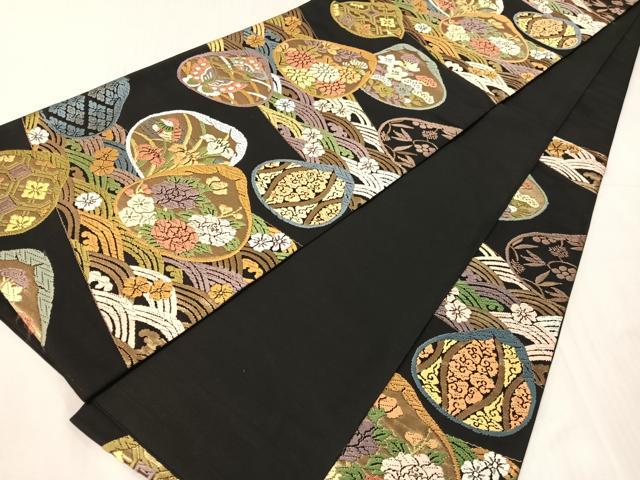 平和屋着物●六通柄袋帯　唐織　貝合わせ花蝶文　黒地　金糸　正絹　逸品　未使用　CABJ0575vp