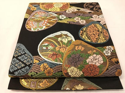 平和屋着物●六通柄袋帯　唐織　貝合わせ花蝶文　黒地　金糸　正絹　逸品　未使用　CABJ0575vp
