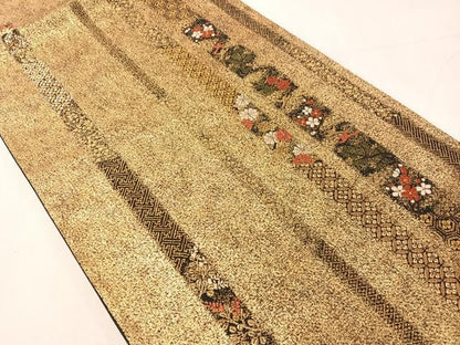 平和屋着物●西陣の名門　加納幸謹製　六通柄袋帯　唐織　花鳥間道　金糸　正絹　逸品　CABJ0576vp