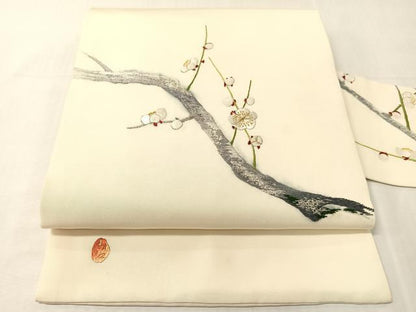 平和屋着物●中国三大刺繍　相良刺繍　総刺繍　塩瀬　九寸名古屋帯　作家物　枝梅文　金銀糸　正絹　逸品　CABJ0577vp