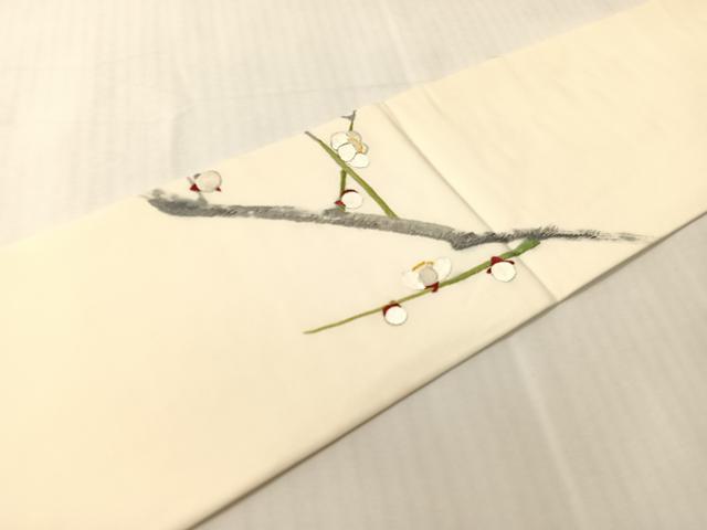 平和屋着物●中国三大刺繍　相良刺繍　総刺繍　塩瀬　九寸名古屋帯　作家物　枝梅文　金銀糸　正絹　逸品　CABJ0577vp