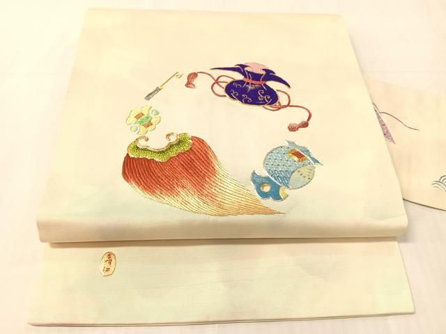 平和屋着物●総刺繍　駒刺繍　九寸名古屋帯　作家物　宝尽くし　金銀糸　正絹　逸品　CABJ0578vp