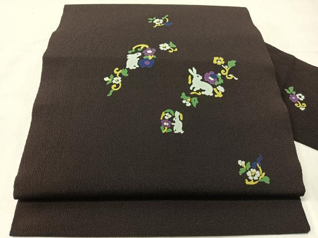 平和屋着物●九寸名古屋帯　花兎　鬼しぼ縮緬　正絹　逸品　CABJ0585vp