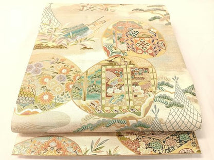 平和屋着物●六通柄袋帯　歌絵物語　須磨夢浮橋　鈴虫明石紅葉賀　金糸　正絹　逸品　CABJ0586vp