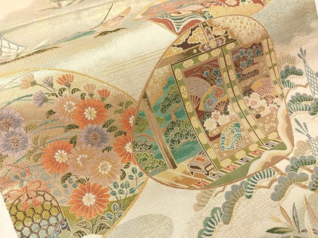 平和屋着物●六通柄袋帯　歌絵物語　須磨夢浮橋　鈴虫明石紅葉賀　金糸　正絹　逸品　CABJ0586vp