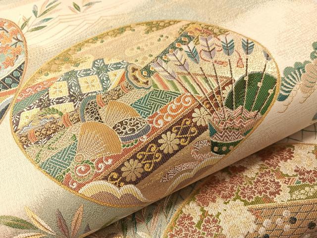 平和屋着物●六通柄袋帯　歌絵物語　須磨夢浮橋　鈴虫明石紅葉賀　金糸　正絹　逸品　CABJ0586vp