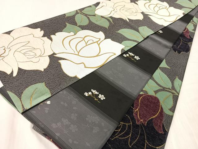 平和屋着物●両面　両方向　全通柄袋帯　モール　薔薇　正絹　逸品　CABJ0592vp