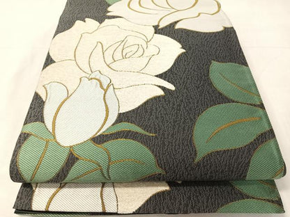 平和屋着物●両面　両方向　全通柄袋帯　モール　薔薇　正絹　逸品　CABJ0592vp