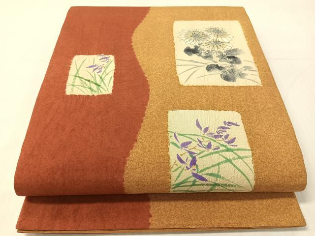 平和屋着物●本場縞大島紬地　全通柄袋帯　作家物　手描き　絞り　色紙花文　金彩　正絹　逸品　CABJ0599vp