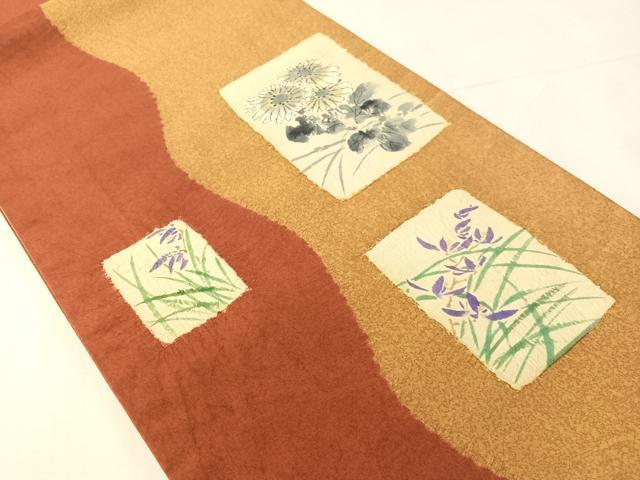 平和屋着物●本場縞大島紬地　全通柄袋帯　作家物　手描き　絞り　色紙花文　金彩　正絹　逸品　CABJ0599vp