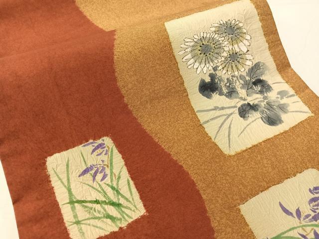 平和屋着物●本場縞大島紬地　全通柄袋帯　作家物　手描き　絞り　色紙花文　金彩　正絹　逸品　CABJ0599vp