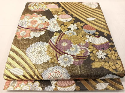 平和屋着物●六通柄袋帯　唐織　花毬文　金糸　長尺　正絹　逸品　CABJ0608vp