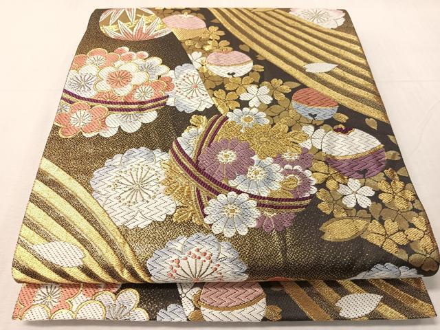 平和屋着物●六通柄袋帯　唐織　花毬文　金糸　長尺　正絹　逸品　CABJ0608vp