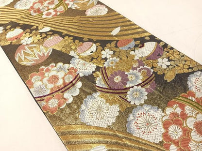 平和屋着物●六通柄袋帯　唐織　花毬文　金糸　長尺　正絹　逸品　CABJ0608vp