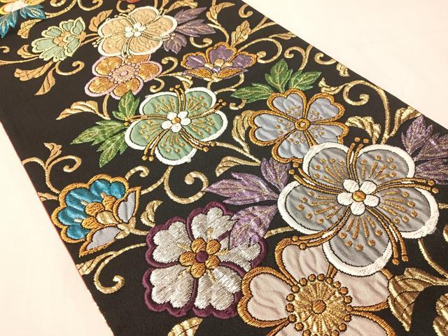 平和屋着物●両面　両方向　全通柄袋帯　唐織　花唐草文　黒地　金銀糸　正絹　逸品　CABJ0610vp