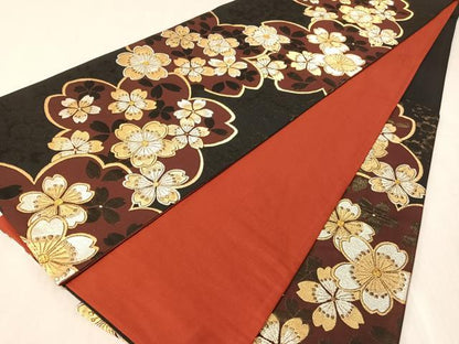 平和屋着物●六通柄袋帯　舞桜　黒地　金銀糸　正絹　逸品　CABJ0612vp