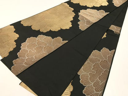 平和屋着物●六通柄　本袋帯　牡丹　黒地　金銀糸　正絹　逸品　CABJ0614vp