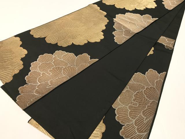 平和屋着物●六通柄　本袋帯　牡丹　黒地　金銀糸　正絹　逸品　CABJ0614vp