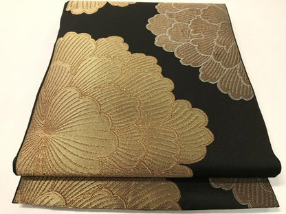 平和屋着物●六通柄　本袋帯　牡丹　黒地　金銀糸　正絹　逸品　CABJ0614vp