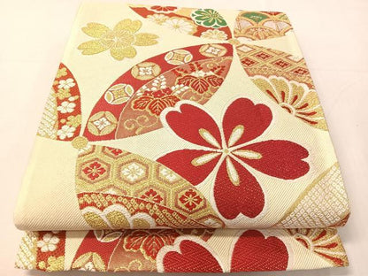 平和屋着物●六通柄袋帯　唐織　七宝花文　金糸　正絹　逸品　CABJ0616vp