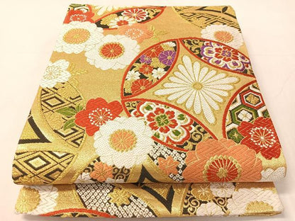 平和屋着物●六通柄袋帯　唐織　七宝花文　金糸　正絹　逸品　CABJ0619vp