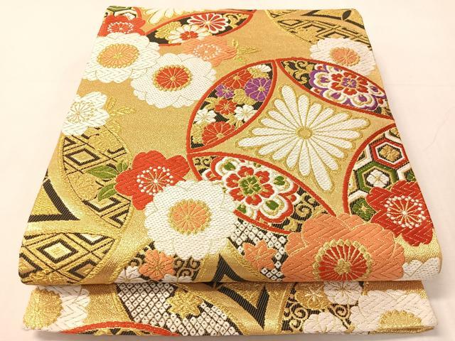 平和屋着物●六通柄袋帯　唐織　七宝花文　金糸　正絹　逸品　CABJ0619vp