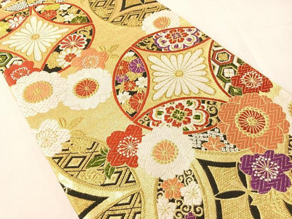 平和屋着物●六通柄袋帯　唐織　七宝花文　金糸　正絹　逸品　CABJ0619vp
