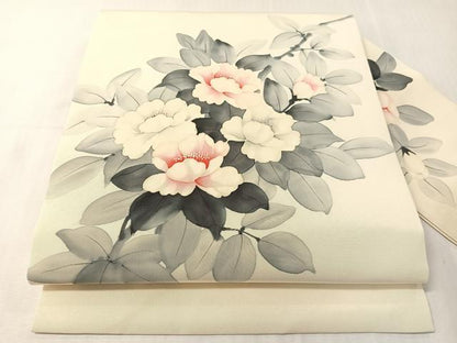 平和屋着物●塩瀬　九寸名古屋帯　作家物　手描き　枝花文　正絹　逸品　CABJ0620vp