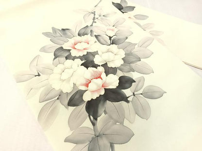 平和屋着物●塩瀬　九寸名古屋帯　作家物　手描き　枝花文　正絹　逸品　CABJ0620vp