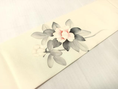 平和屋着物●塩瀬　九寸名古屋帯　作家物　手描き　枝花文　正絹　逸品　CABJ0620vp