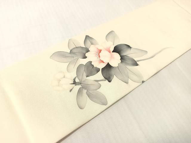 平和屋着物●塩瀬　九寸名古屋帯　作家物　手描き　枝花文　正絹　逸品　CABJ0620vp