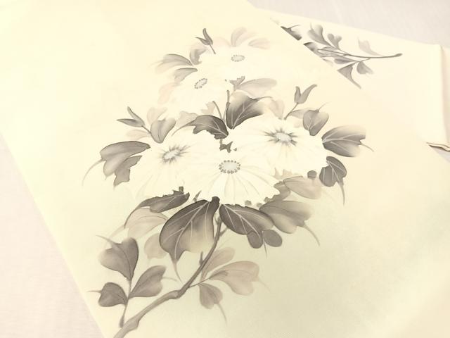平和屋着物●塩瀬　九寸名古屋帯　手描き　紫峰　枝菊　正絹　逸品　CABJ0621vp