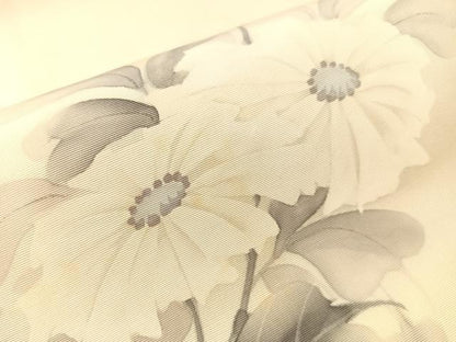 平和屋着物●塩瀬　九寸名古屋帯　手描き　紫峰　枝菊　正絹　逸品　CABJ0621vp