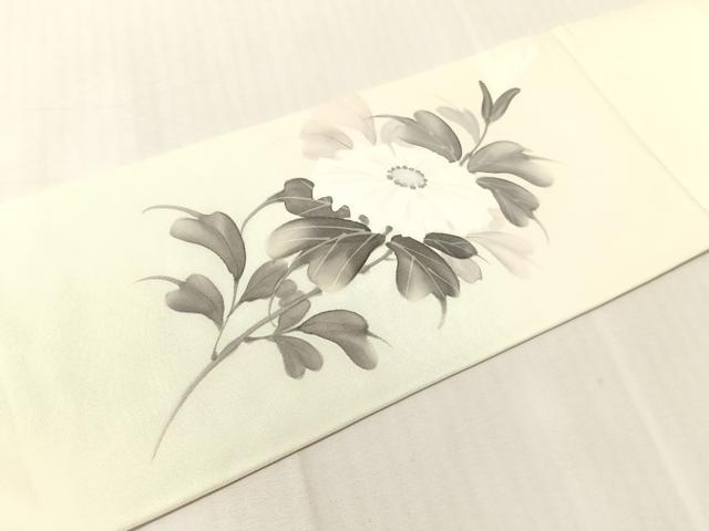 平和屋着物●塩瀬　九寸名古屋帯　手描き　紫峰　枝菊　正絹　逸品　CABJ0621vp