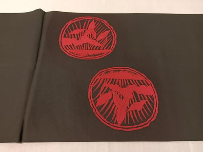 平和屋着物●塩瀬　九寸開き名古屋帯　ろうけつ染め　双鳥丸文　黒地　正絹　逸品　CABJ0623vp