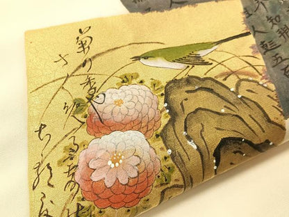 平和屋着物●塩瀬　九寸名古屋帯　手描き　色紙花鳥文　金彩　正絹　逸品　CABJ0624vp