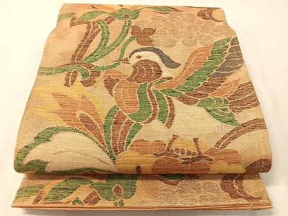 平和屋着物●六通柄袋帯　紬地　鴛鴦花文　金銀糸　正絹　逸品　CABJ0627vp