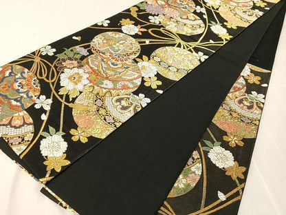 平和屋着物●六通柄袋帯　唐織　花毬文　黒地　金糸　正絹　逸品　CABJ0628vp