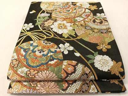 平和屋着物●六通柄袋帯　唐織　花毬文　黒地　金糸　正絹　逸品　CABJ0628vp