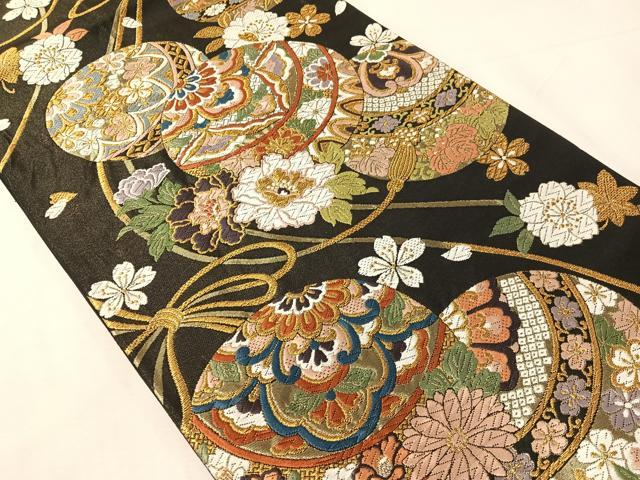 平和屋着物●六通柄袋帯　唐織　花毬文　黒地　金糸　正絹　逸品　CABJ0628vp