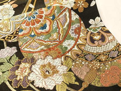 平和屋着物●六通柄袋帯　唐織　花毬文　黒地　金糸　正絹　逸品　CABJ0628vp