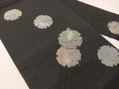 平和屋着物●九寸名古屋帯　雪輪兎　黒地　正絹　逸品　CABJ0634vp