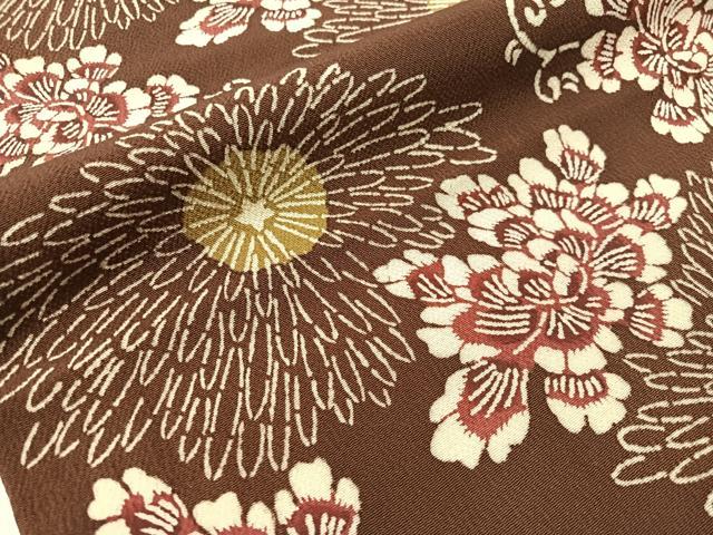 平和屋着物●浦野理一　型染　つけ帯　菊花文　黒鳶色地　鬼しぼ縮緬　正絹　逸品　未使用　CABJ0644vp