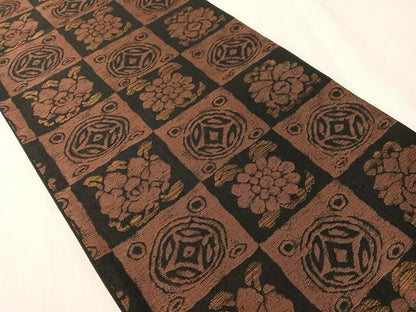 平和屋着物●西陣　勝山織物　六通柄袋帯　市松七宝花文　黒地　金銀糸　正絹　逸品　CABJ0648vp