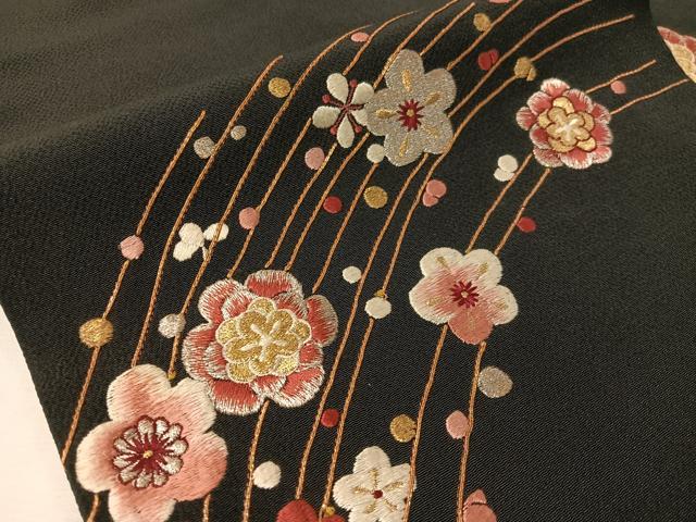 平和屋着物●総刺繍　九寸名古屋帯　駒刺繍　梅花文　黒地　金銀糸　鬼しぼ縮緬　正絹　逸品　CABJ0653vp