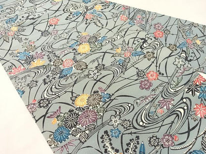 平和屋着物●全通柄　九寸名古屋帯　紅型　流水花文　正絹　逸品　CABJ0654vp
