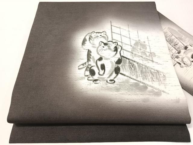 平和屋着物●九寸名古屋帯　洛楽人　手描き　紬地　猫　鈴乃屋扱い　正絹　逸品　CABJ0661vp