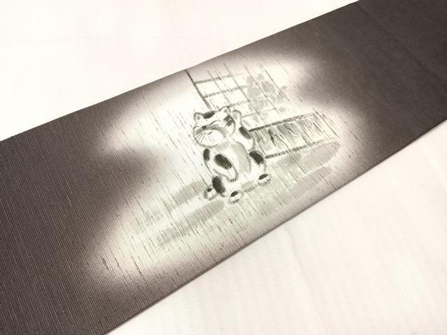 平和屋着物●九寸名古屋帯　洛楽人　手描き　紬地　猫　鈴乃屋扱い　正絹　逸品　CABJ0661vp